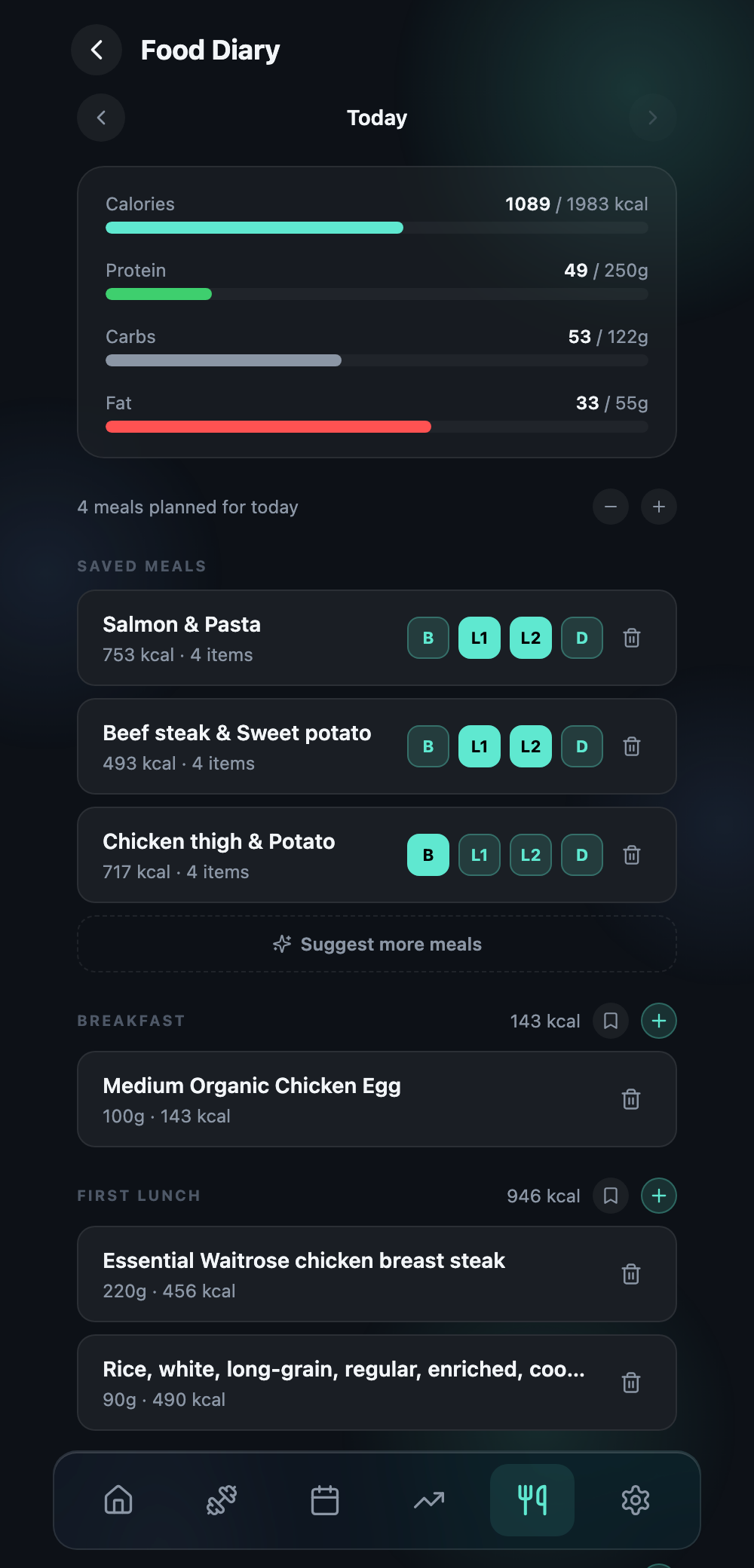 BRUTE food diary showing daily macro targets and saved meals with calories and macros