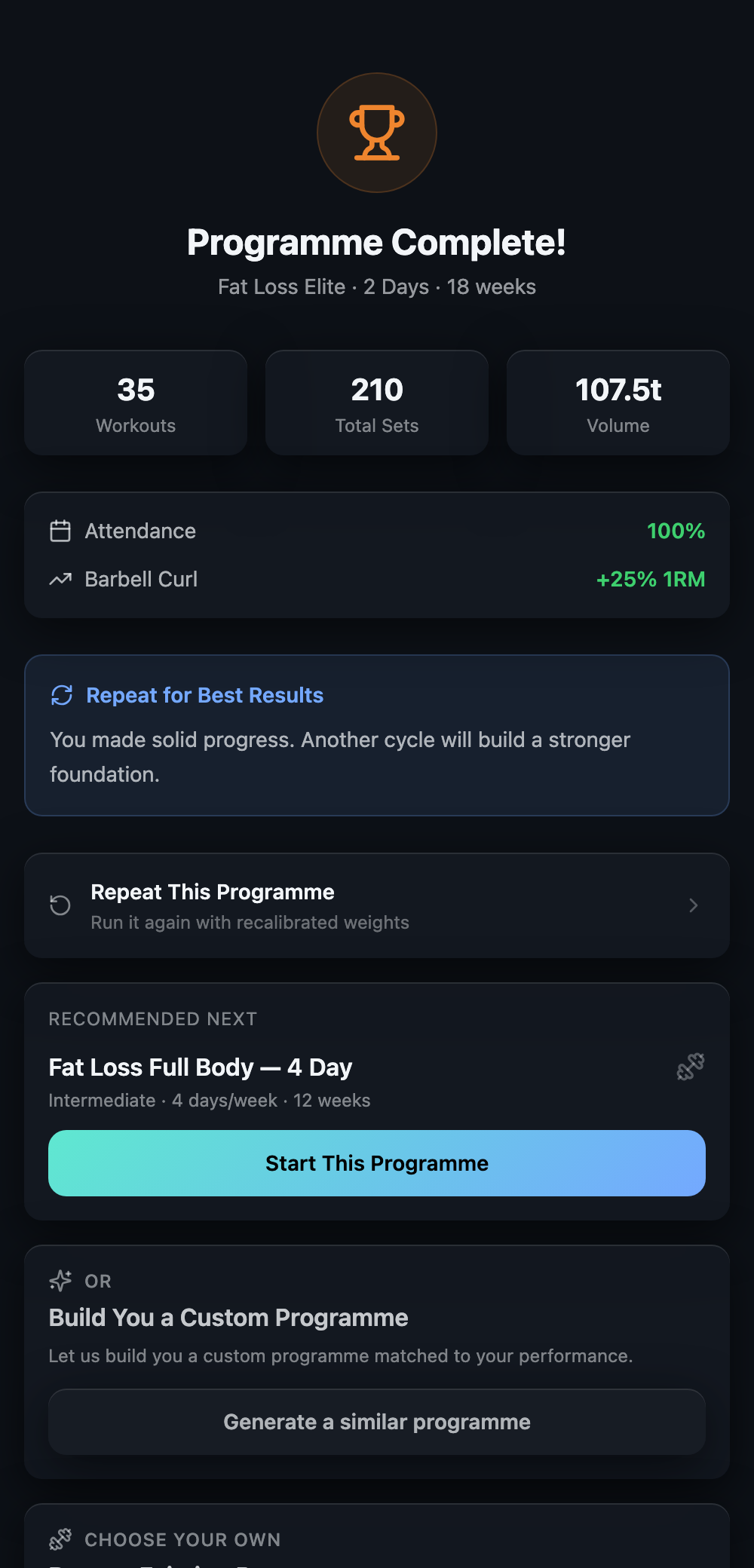 BRUTE Programme Complete screen showing workout stats and a recommended next programme with a Start button