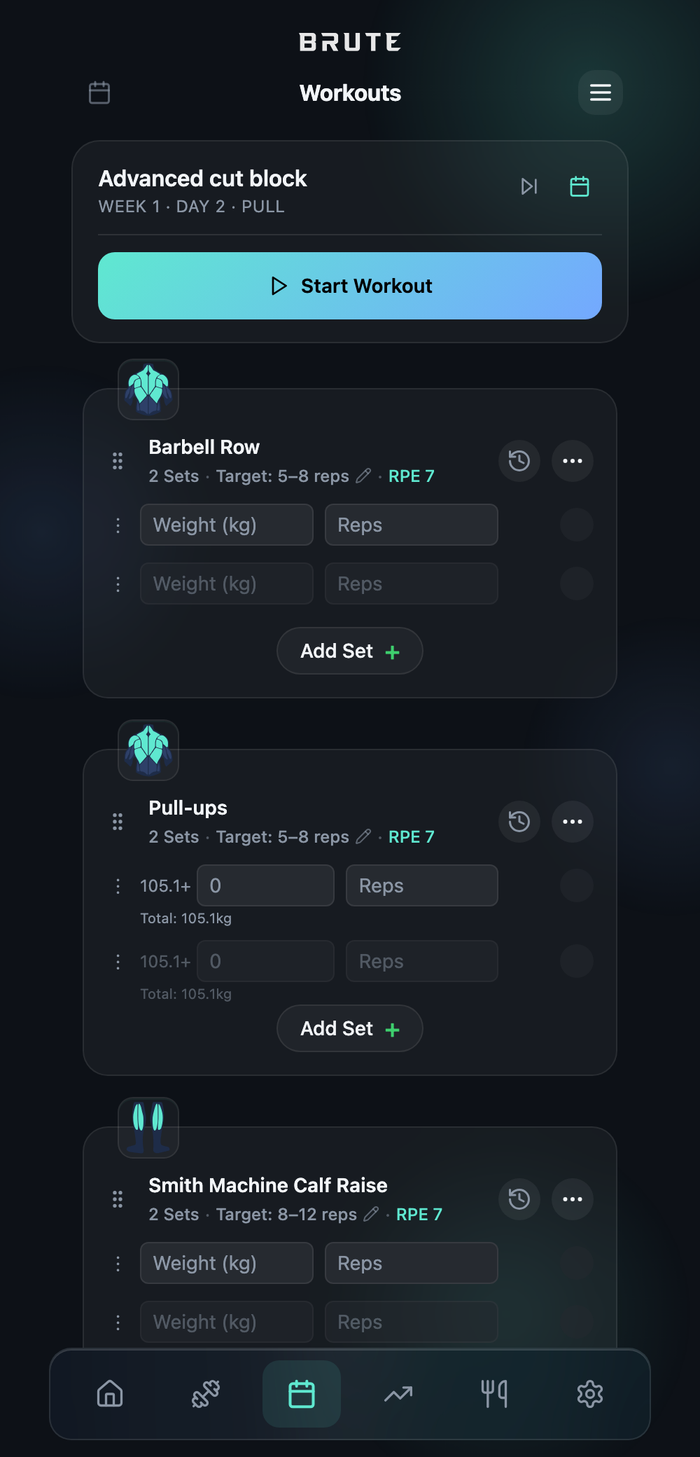 BRUTE workout screen showing Barbell Bench Press and Chest Dips with weight and rep targets